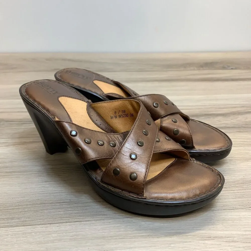 Born‎ Tupelo W5230 Brown Studded Wedge Heels Sandals Womens 8 EU 39 Criss Cross